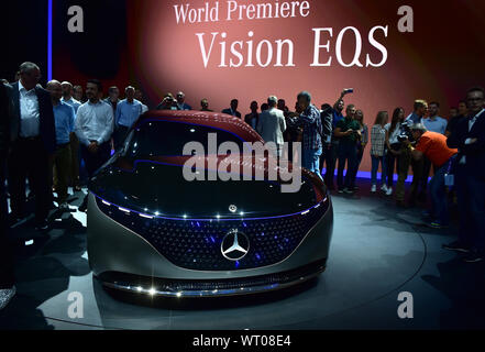 Frankfurt, Germany. 10th Sep, 2019. A Mercedes-Benz Vision EQS is on display during the first press day of Germany's International Motor Show (IAA) 2019 in Frankfurt, Germany, on Sept. 10, 2019. About 800 exhibitors from 30 countries and regions registered for the IAA 2019, which will officially open on Thursday and lasts until Sept. 22. Credit: Lu Yang/Xinhua/Alamy Live News Stock Photo