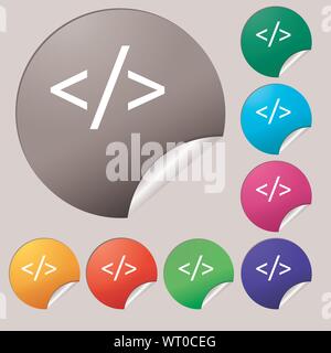Code sign icon. Programming language symbol. Set of eight multi colored round buttons, stickers. Vector Stock Vector