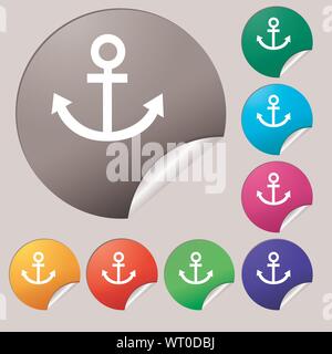 Anchor icon. Set of eight multi colored round buttons, stickers. Vector Stock Vector