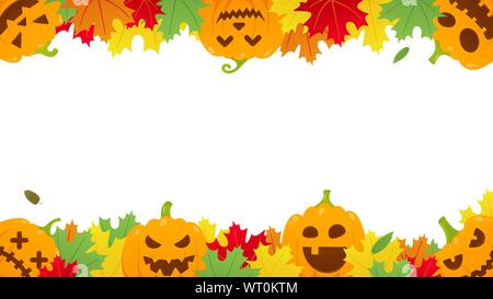 Autumn halloween background with pumpkins and scary faces grimaces, autumn colored leaves isolated on white background flat style design vector illust Stock Vector