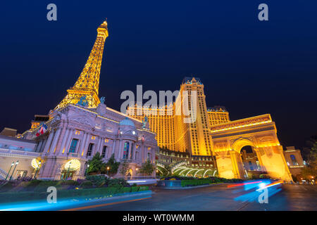Paris Hotel & Casino in Las Vegas strip at night, Nevada Stock Photo