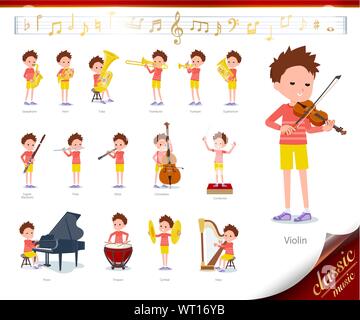 A set of boy on classical music performances.There are actions to play various instruments such as string instruments and wind instruments.It's vector Stock Vector