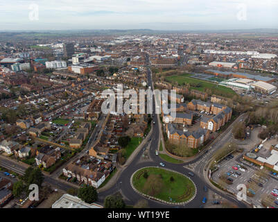 Aerial photo of the British town of Aylesbury in central England in the UK showing roads, residential properties, rows of houses and businesses and a Stock Photo