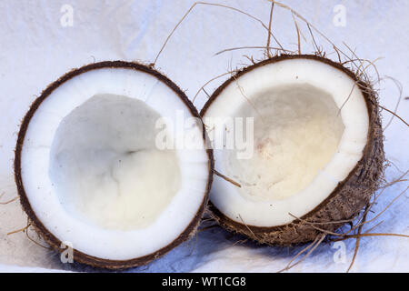 cut the coconut in half on a white background. cut in half and coconut milk on a white background Stock Photo
