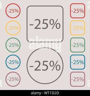 25 percent discount sign icon. Sale symbol. Special offer label. Symbols on the Round and square buttons with frame. Vector Stock Vector