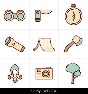 Icons Style vector black camping theme set on gray Stock Vector