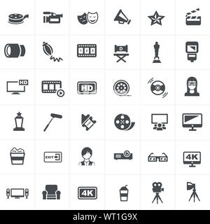 Cinema or Movie Theater Icons White On Black Flat Design Circle Set Big ...