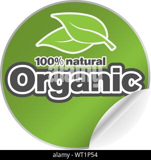 round green organic 100 percent natural adhesive sticker or badge with one side curled up vector illustration Stock Vector