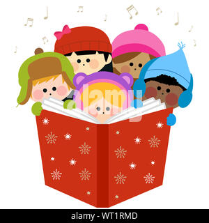 Boys and girls singing Christmas carols holding together a large book. Stock Photo