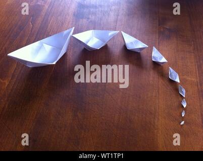 Close-up Of Paper Boats On Wooden Table