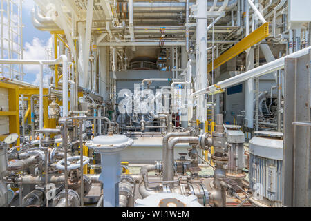 Gas turbine engine and gas compressor with piping and tubing accessories at oil and gas central processing platform. Stock Photo