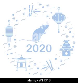 Happy new year. Vector illustration with 2020 year numbers, rat, lanterns, bell, mochi, bamboo, orange. Rat zodiac sign, symbol of 2020 on the Chinese Stock Vector