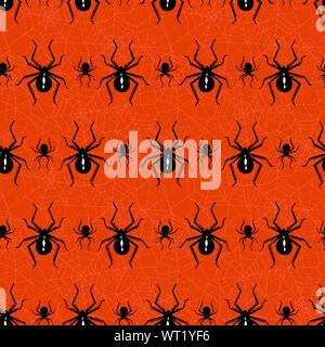 Halloween Vector Seamless Pattern With Black Widow Spiders and Spider Web on Orange Background. Elegant Spooky Holiday Texture Perfect for Gift Wrappi Stock Vector