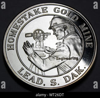 1988 Homestake Gold Mine One Troy Ounce Silver Commemorative Round - Lead, South Dakota - Black Hills USA Stock Photo
