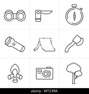 Line Icons Style vector black camping theme set on gray Stock Vector
