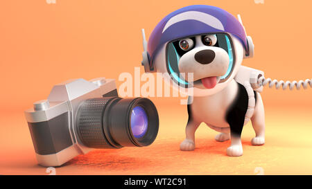 3d puppy dog in a spacesuit on Mars looking at a camera, 3d illustration render Stock Photo