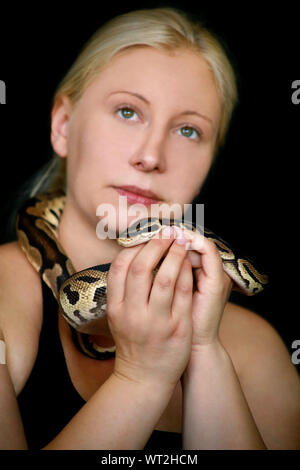 Portrait of girl with Royal Python snake. Woman holds Ball Python snake around neck and in hands, posing in front the camera. Stock Photo