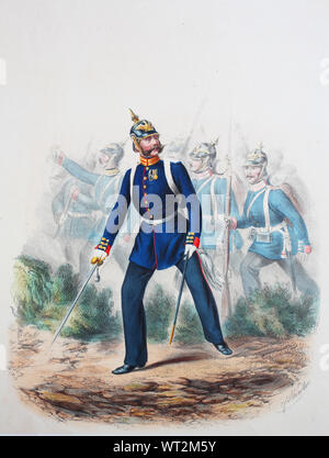 Royal Prussian Army, Guards Corps, 1st Emperor Alexander Guards Grenadiers, Preußens Heer, preussische Garde, Kaiser Alexander Garde, Grenadier Regiment No.1, Kaiser Alexander Garde-Grenadier-Regiment Nr. 1, Feldwebel, Offizier, gemeine Soldaten, Digital improved reproduction of an illustration from the 19th century Stock Photo