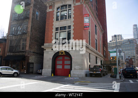 NEW YORK CITY, USA - 7th August 2019: FDNY The Hook & Ladder 8 Firehouse. The firehouse was made famous in the film Ghostbusters. Located in Tribeca, Stock Photo