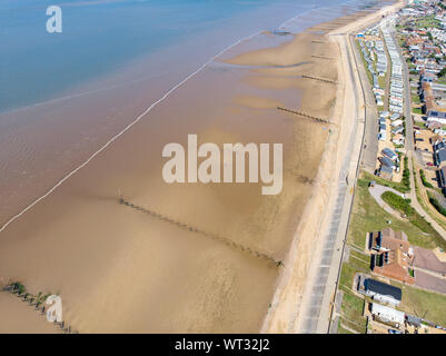 Aerial photo of the British seaside town of Hunstanton in Norfolk showing the coastal area and beach and alsop the caravan holiday park. Stock Photo