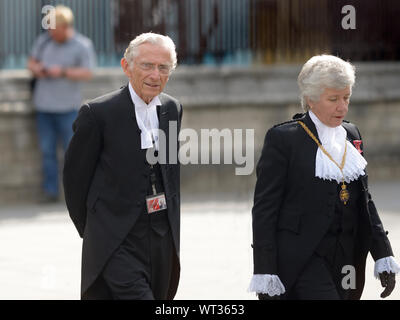 Norman Fowler, Baron Fowler - Speaker in the House of Lords (centre) with Sarah Clarke 'Black Rod' (Lady Usher of the Black Rod) walking from Parliame Stock Photo