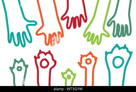 Animal pets dog cats paw hand lines symboll rescue help support. Color and white vector illustration EPS8 Stock Vector