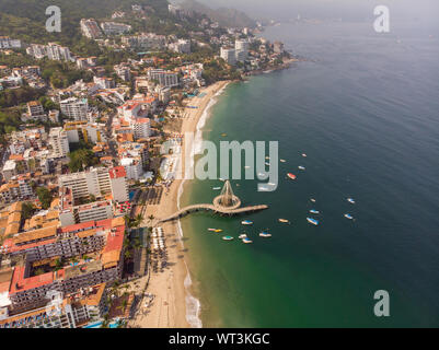 Aerial photos of the pier knows as Playa Los Muertos pier in the beautiful town of Puerto Vallarta in Mexico, showing the pier Stock Photo