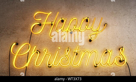 Neon sign that says the word Happy Christmas in bright yellow on a grunge concrete wall background, Christmas decoration sign Stock Photo