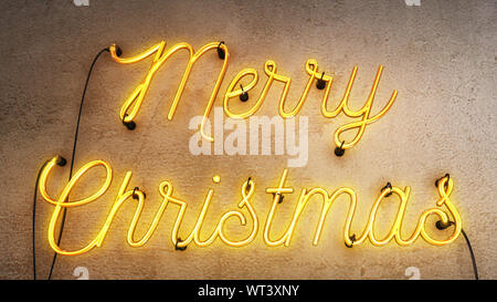 Neon sign that says the word Merry Christmas in bright red on a grunge concrete wall background, Christmas decoration sign Stock Photo