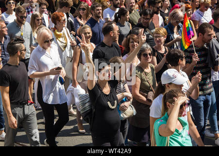 September 8, 2019, Sarajevo, Bosnia and Herzegovina: A pregnant lady gestures while marching during the pride parade..''Ima Izac!'' translated as ''Open the door, please'' was the motto of the first Bosnian LGBTIQ pride parade, It's a request for more freedom in a country still endangered by religious radicalism. The parade represented an historical moment in Bosnian history. (Credit Image: © Pierpaolo Totti/SOPA Images via ZUMA Wire) Stock Photo