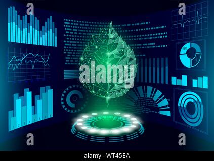 3D low poly green plant HUD UI display. Future polygonal triangle point line ecology problems solution abstract biology genome engineering vector Stock Vector