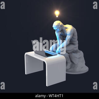 Sculpture Thinker With Laptop And Glowing Light Bulb Over His Head As Symbol Of New Idea. 3D Illustration. Stock Photo