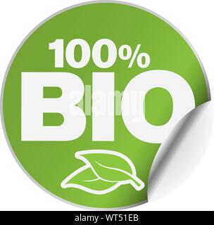 round green 100 percent Bio adhesive sticker or badge with one side curled up vector illustration Stock Vector