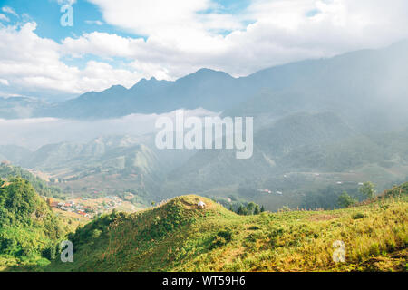 Fansipan mountain and Sapa countryside village from Fansipan tram in Vietnam Stock Photo