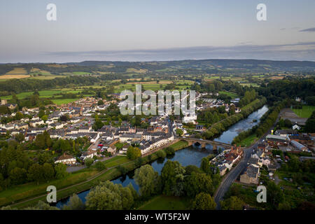 Aerial view of the Old Road Bridge over the River Usk at Usk in monmouthshire South Wales Stock Photo