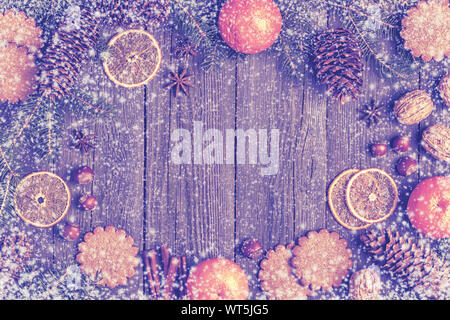 Christmas wooden background. Top view with copy space. Stock Photo