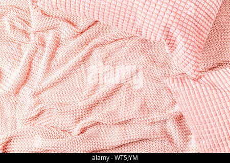Background with pink plaid, top view, copy space. Stock Photo
