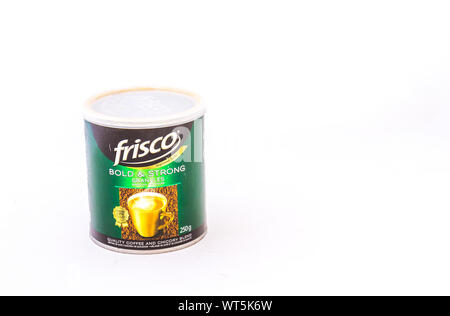 Johannesburg, South Africa - a tin of Frisco instant coffee isolated on a white background image in horizontal format with copy space Stock Photo