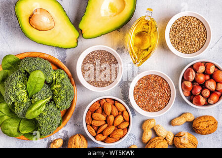 Vegan sources of omega 3 and unsaturated fats. Concept of healthy food. Top view. Stock Photo