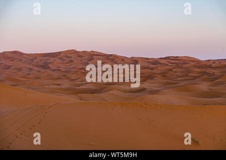 Gorgeous and scenic desert scene with the moon crescent high above beautiful sand dunes Erg Chebbi, Morocco, Merzouga Stock Photo