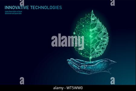 Hand holding green plant leaf ecological abstract concept. Save planet nature environment banner. Eco polygon triangles low poly vector illustration Stock Vector