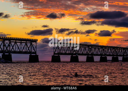 Sunset in Bahia Honda State Park and the old Bahia Honda Bridge in the lower Florida Keys Stock Photo