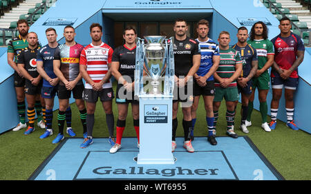 From left to right, Northampton Saints' Tom Wood, Wasps' Dan Robson, Sale Sharks' Chris Ashton, Harlequins' Mike Brown, Gloucester Rugby's Danny Ciprianni, Saracens' Alex Goode, Exeter Chiefs' Don Armand, Bath Rugby's Rhys Priestland, Leicester Tigers' Tom Youngs, Worcester Warriors' Francois Hougaard, London Irish's Blair Cowan and Bristol Rugby's Nathan Hughes pose for a photograph during the Gallagher Premiership Launch at Twickenham, London. Stock Photo