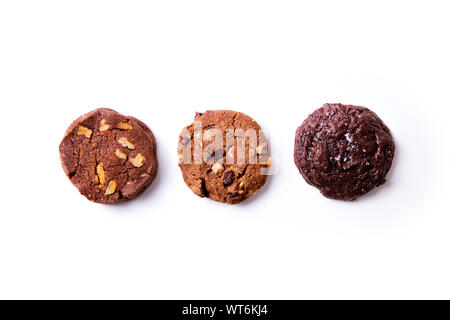 Three types of chocolate cookies on white background Stock Photo
