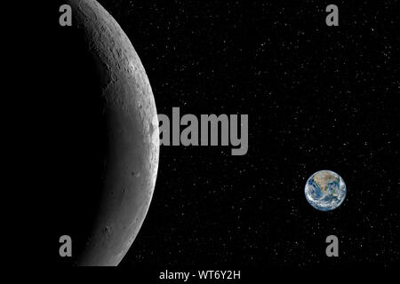 Closeup of the Moon and the small planet Earth against starry night sky background, elements of this image furnished by NASA Stock Photo