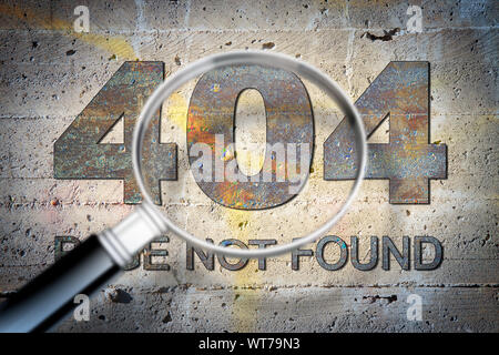 Searching dead link - concept image over an old stone wall seen through a magnifying glass Stock Photo