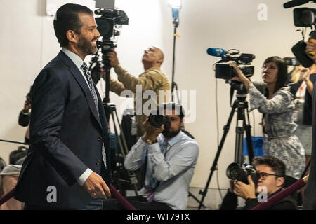 Washington, DC, USA. 12th June, 2019. Donald Trump jr., son of U.S President Donald Trump, arrives prior to meeting with the Senate Intelligence Committee on Capitol Hill in Washington, DC on June 12, 2019. Lawmakers are expected to question Trump about the Trump Tower project in Moscow and a June 2016 Trump Tower meeting in New York when he and other Trump campaign advisers met with a Russian lawyer whom they believed had damaging information on 2016 Democratic presidential nominee Hillary Clinton. Credit: Alex Edelman/ZUMA Wire/Alamy Live News Stock Photo
