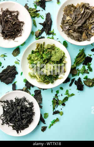 Various dry seaweed, sea vegetables, shot from the top on a blue background with a place for text Stock Photo