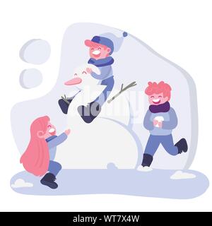 kids with snowman playing with snow on christmas day illustration Stock Vector