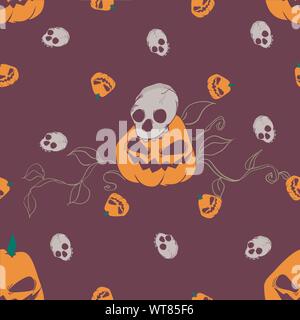 seamless pattern of halloween skulls and pumpkin vector illustration Stock Vector